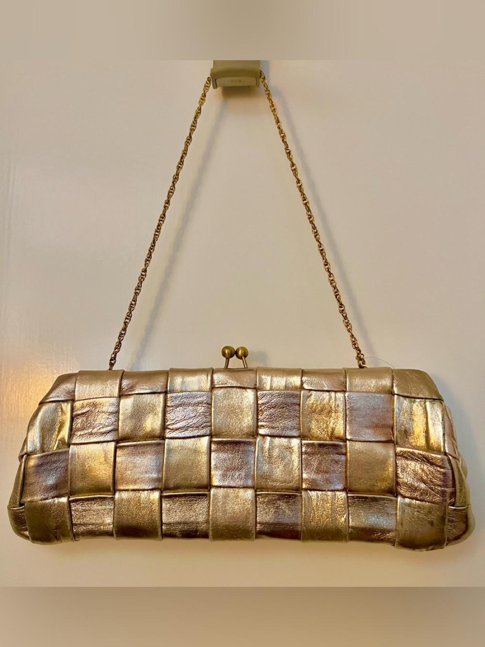 🥂 NWOT SANTI Italian Gold Metallic Leathers Evening Purse/Logo Dust Bag